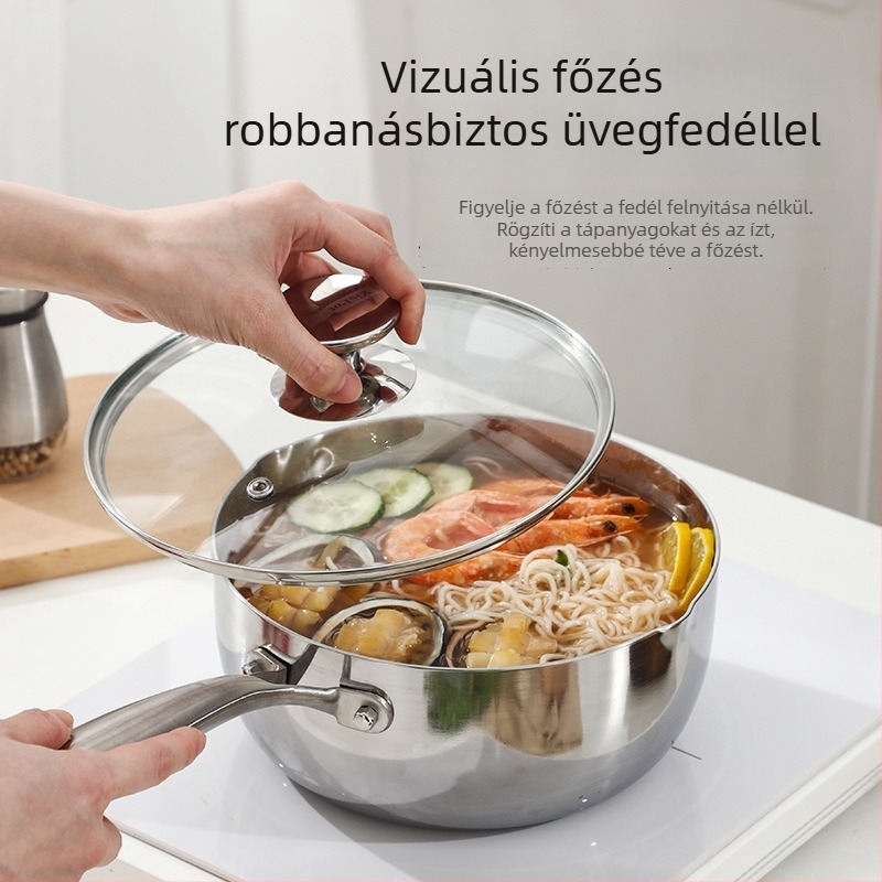 bébiételhez és tejhez készült rozsdamentes acélból készült fazék, 304-es, kis méret, többrétegű aljjal és üvegfedéllel, bevonat nélküli