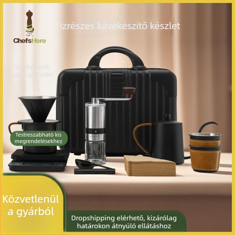 Tíz részes utazási kávészett kézi őrlővel, pour-over kannával, szűrőedény, két kávéscsészével, papírszűrőkkel, mérőkanállal, tisztítóecsettel és időmérővel