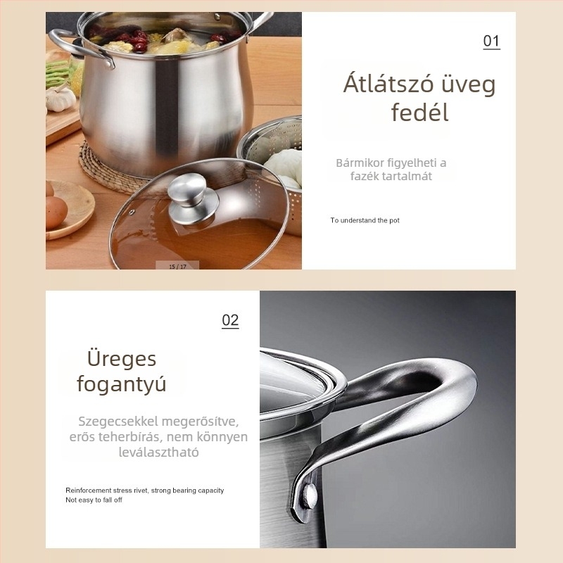 Rozsdamentes acél leveslábas tapadásmentes bevonattal, vastag falú kivitel, két fogantyúval, gáztűzhelyre és indukcióra egyaránt alkalmas, magas oldalú