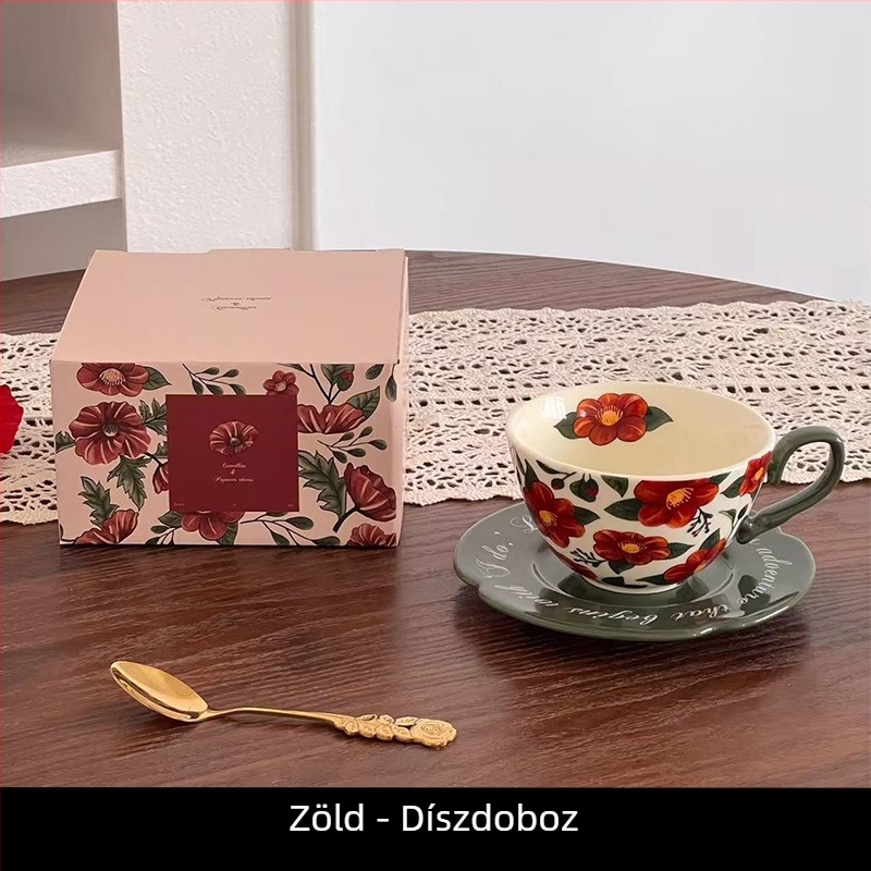 Kaméliás kerámia csésze és alátét, retro stílusú virágos készlet kávéhoz és teához otthoni használatra