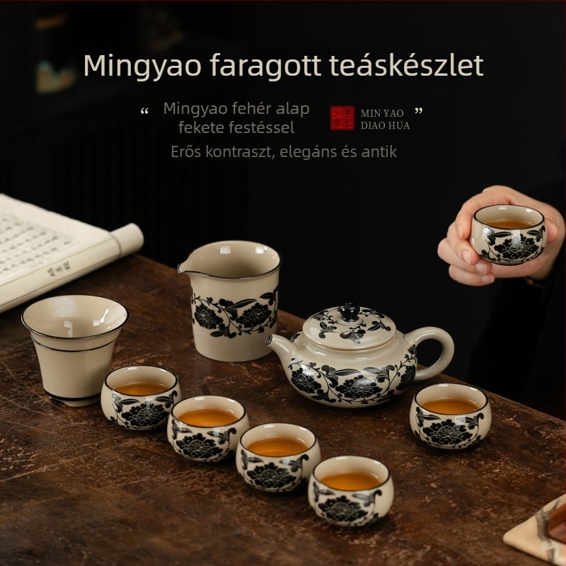 Kék-szürkés mázzal készült kerámia teáscsésze gravírozott díszítéssel, otthoni használatra, Gongfu teás készlet, személyes teáscsésze