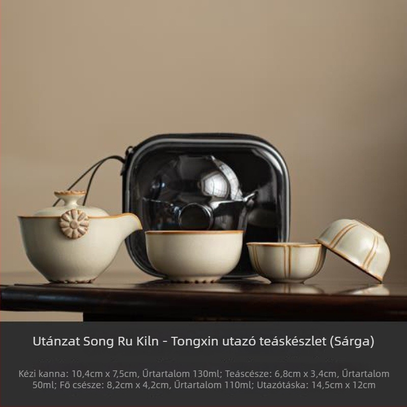 Tianqing Ru Kiln kerámia tea készlet kültéri utazáshoz, hordozható, 3 személyes, retro stílus