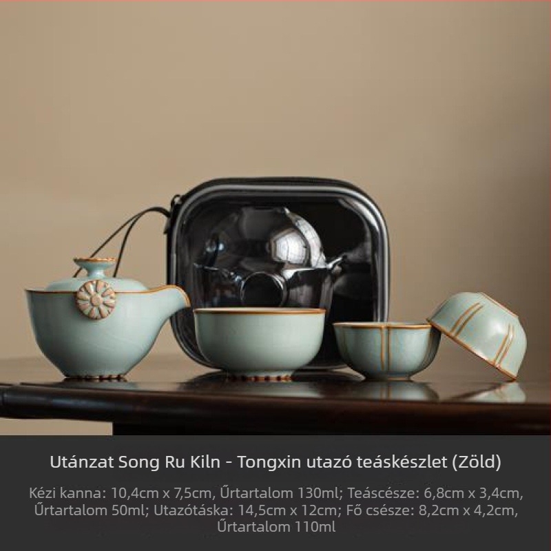 Tianqing Ru Kiln kerámia tea készlet kültéri utazáshoz, hordozható, 3 személyes, retro stílus