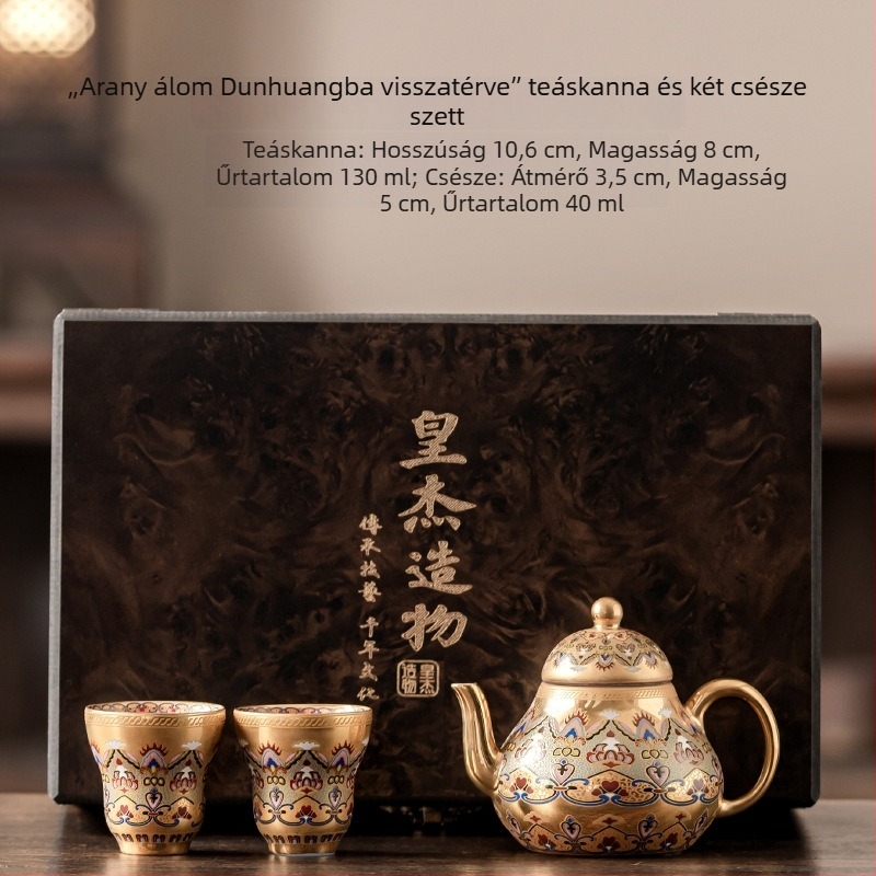 Aranyozott teáskészlet a Tiltott Város Dunhuang-stílusában — egy teáskanna és két csésze ajándékdobozban