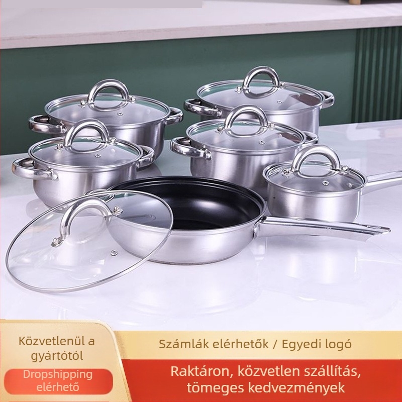HuangDa 12 darabos rozsdamentes acél edénykészlet kettős aljjal, tejfőző fazék és tapadásmentes serpenyő