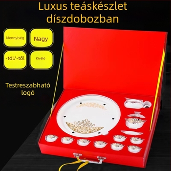 Kung Fu teáskészlet logónyomtatással, fehér porcelán ajándékdobozban