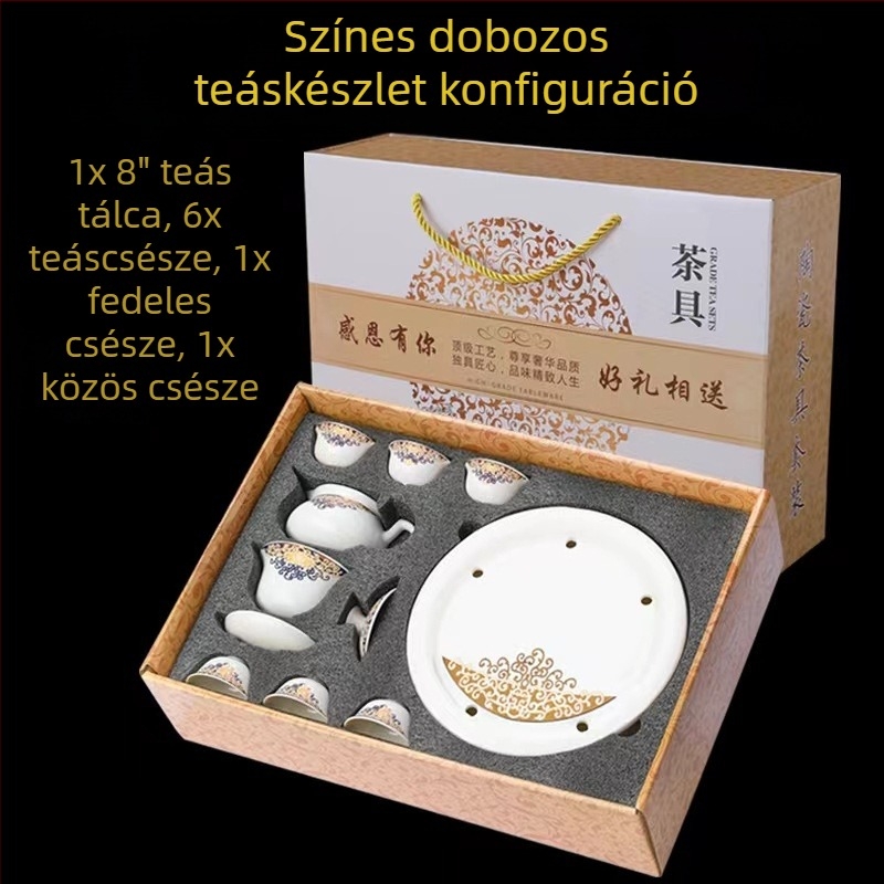 Kung Fu teáskészlet logónyomtatással, fehér porcelán ajándékdobozban