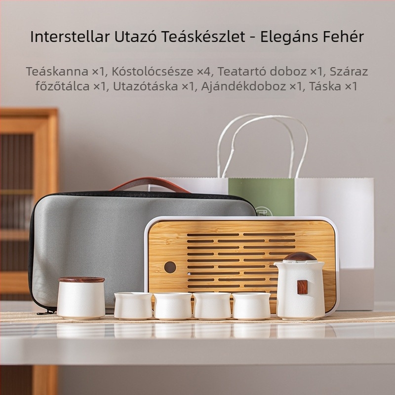 Hordozható kerámia teáskészlet szabadtéri kempingezéshez – 1 teáskanna, 4 csésze és teás tálca