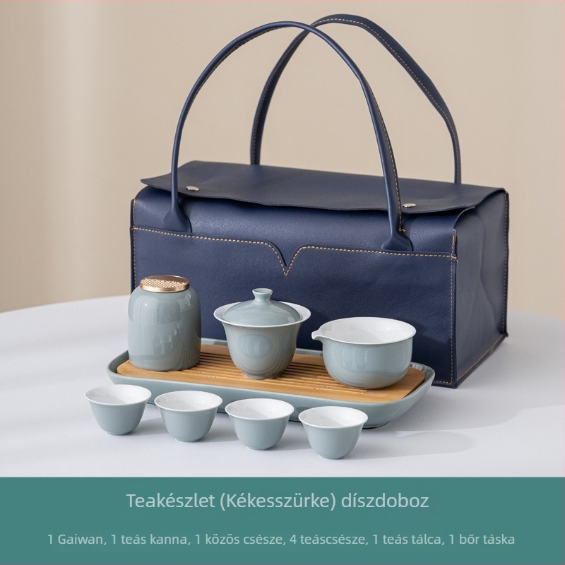 Kung Fu teáskészlet integrált bambusztálcával és bőrtokban – 4 személyre