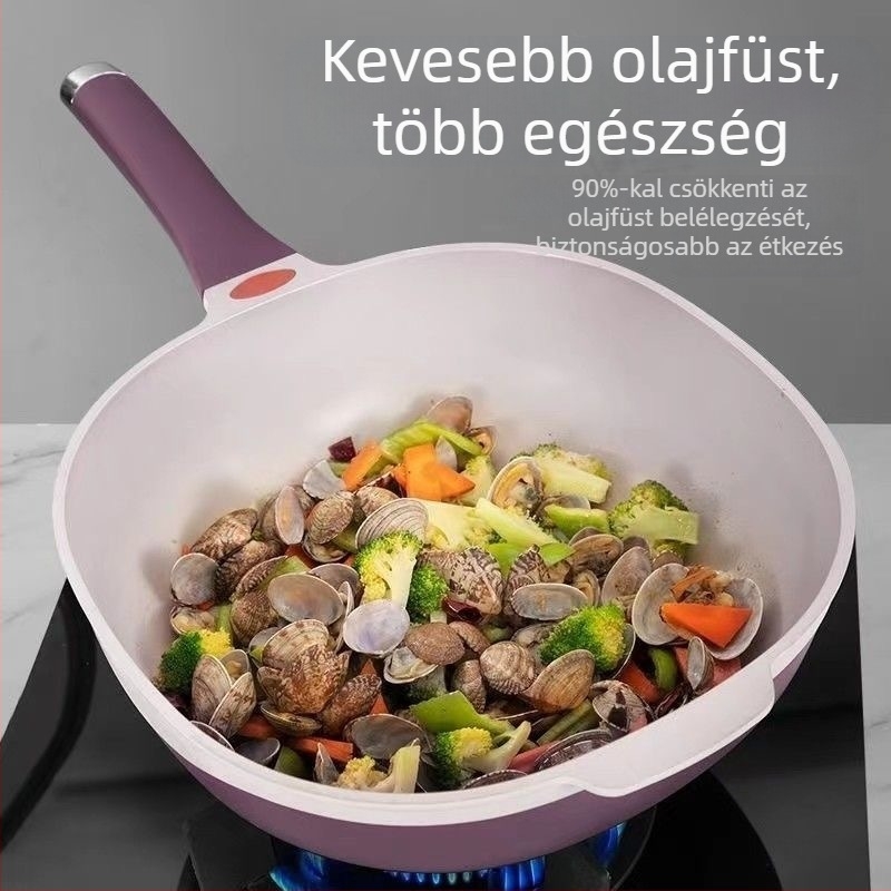 Titánium-kerámiás tapadásmentes wok serpenyő, alacsony olaj- és füstkibocsátással, többfunkciós gőzölésre és sütésre, indukciós és gáztűzhelyen egyaránt használható