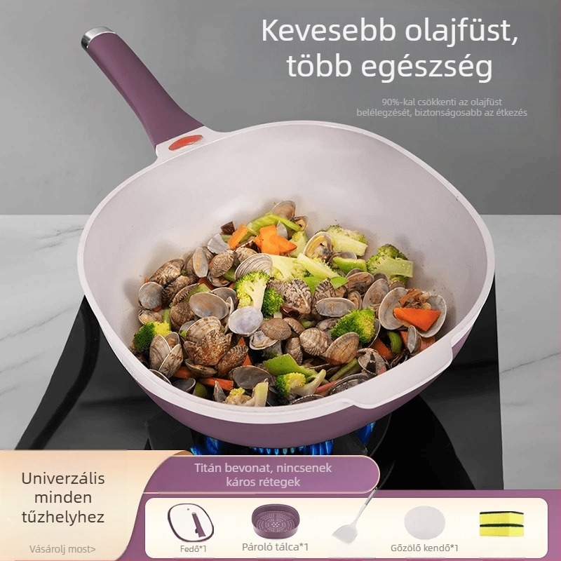 Titánium-kerámiás tapadásmentes wok serpenyő, alacsony olaj- és füstkibocsátással, többfunkciós gőzölésre és sütésre, indukciós és gáztűzhelyen egyaránt használható