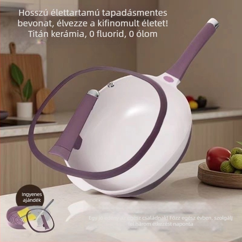 Titánium-kerámiás tapadásmentes wok serpenyő, alacsony olaj- és füstkibocsátással, többfunkciós gőzölésre és sütésre, indukciós és gáztűzhelyen egyaránt használható