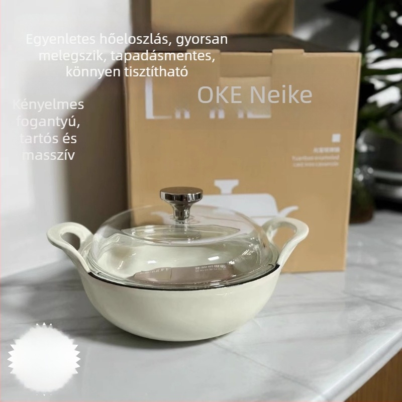 Öntöttvas edény levesekhez és pároláshoz, lapos aljzatú wok, boroszilikát üvegfedél, zománcos külső, indukciós főzőlaphoz kompatibilis