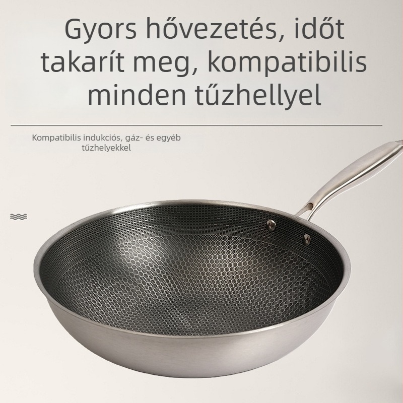 Rozsdamentes acélból készült serpenyő, méhsejt mintázatú felülettel, háztartási használatra, kompatibilis gáz- és indukciós főzőlapokkal