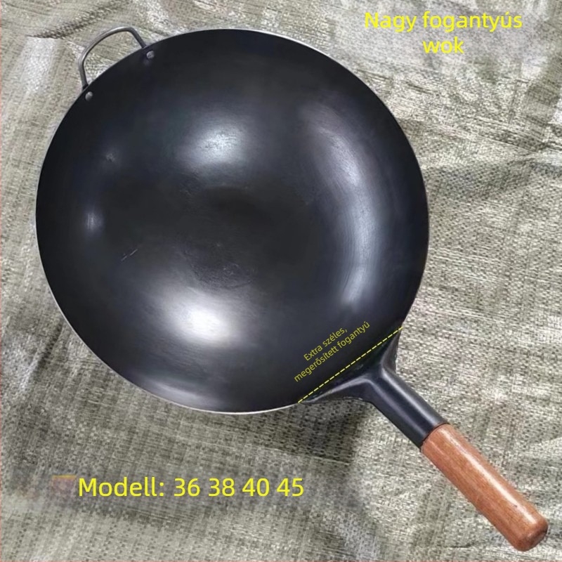 Megerősített bevonat-nélküli vas wok, fa nyéllel és fa spatulával