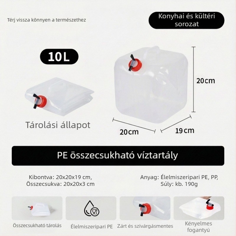 Kültéri összecsukható víztartály, vastag kivitel, nagy kapacitású hordozható ivóvíztartály kempinghez és túrákhoz, autóba szerelhető