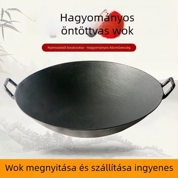 Autentikus, régi stílusú vas wok két füllel vidéki háztartás számára, tapadásmentes, bevonat nélküli, kézzel öntött