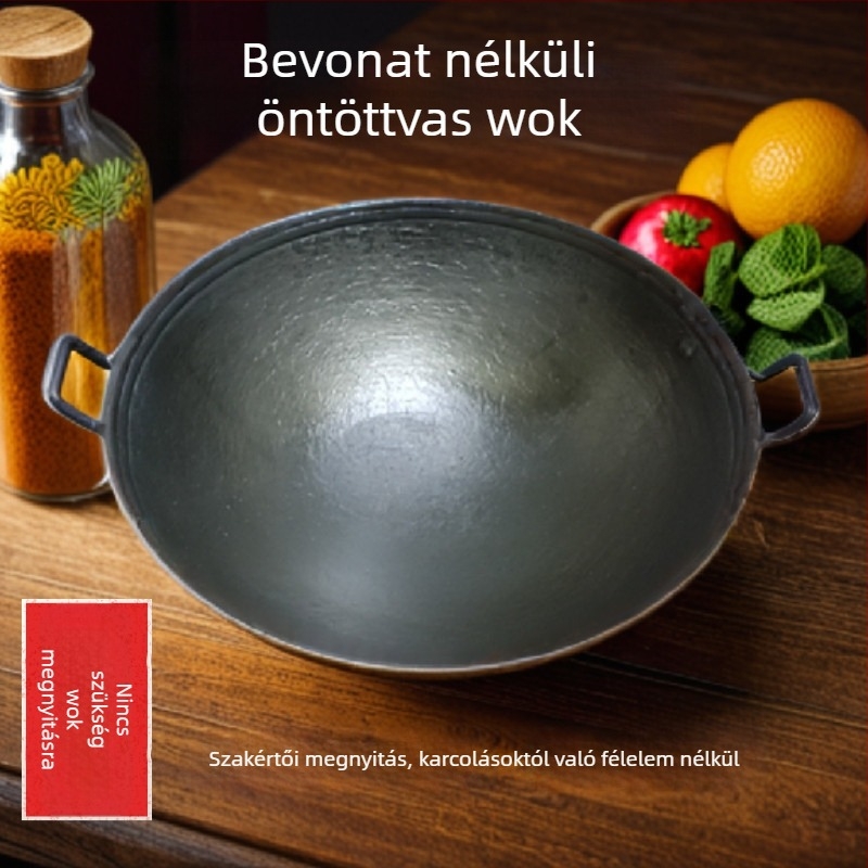 Autentikus, régi stílusú vas wok két füllel vidéki háztartás számára, tapadásmentes, bevonat nélküli, kézzel öntött
