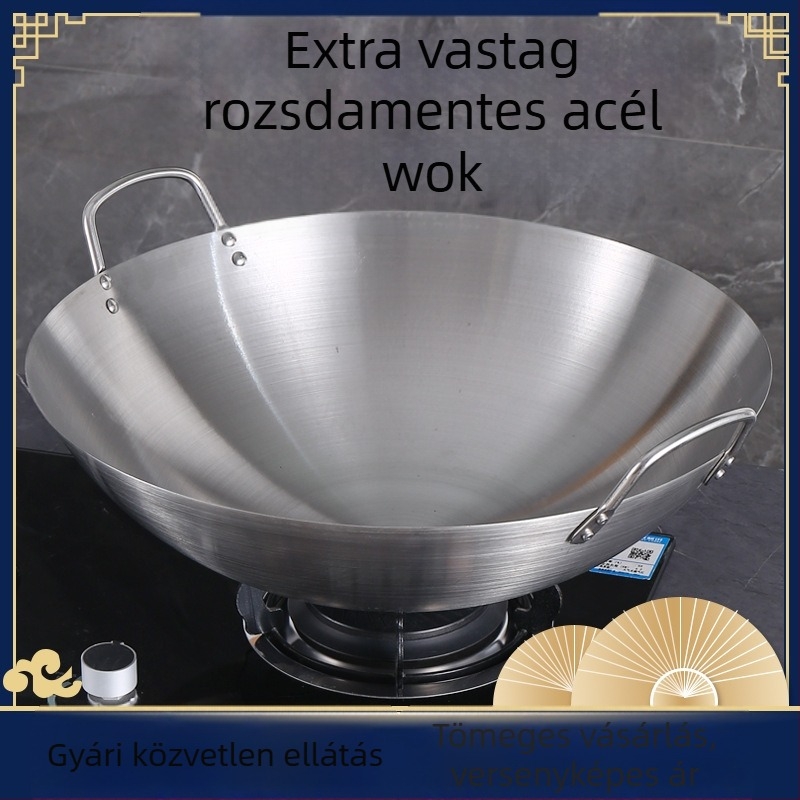 Rozsdamentes acél wok, extrém nagy és extrém vastag, két füllel, nagy kapacitású, gáztűzhelyhez