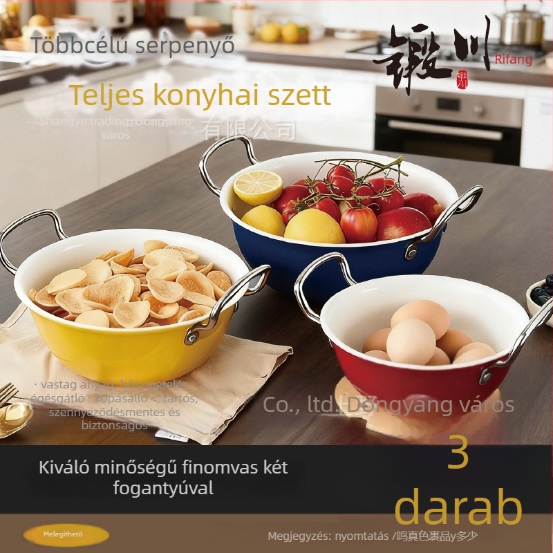 Három darabos kétfülű kovácsoltvas edénykészlet, méretek 18/22/24 cm, magas hőmérsékletnek ellenálló, égésvédő, konyhai leveses fazék és serpenyő