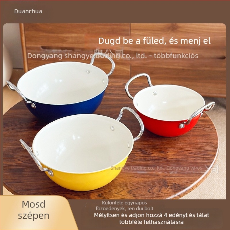 Három darabos kétfülű kovácsoltvas edénykészlet, méretek 18/22/24 cm, magas hőmérsékletnek ellenálló, égésvédő, konyhai leveses fazék és serpenyő