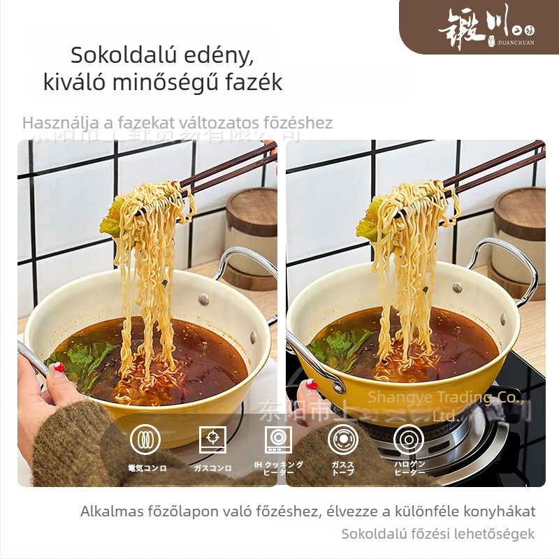 Három darabos kétfülű kovácsoltvas edénykészlet, méretek 18/22/24 cm, magas hőmérsékletnek ellenálló, égésvédő, konyhai leveses fazék és serpenyő