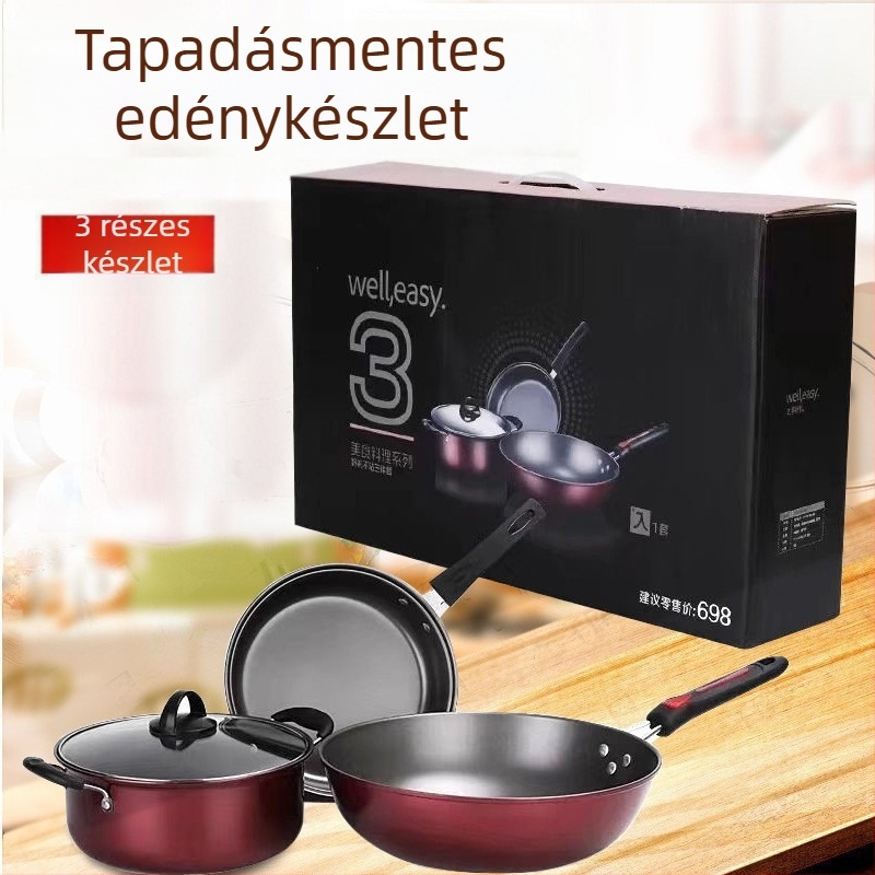 Három darabos tapadásmentes konyhai edénykészlet: sík aljú serpenyő és leveses fazék