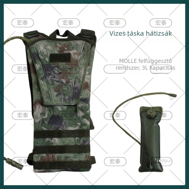 Fekete textil pánttal ellátott vízpalack-táska, kültéri taktikai kivitel, terepmintás, minőségi garancia