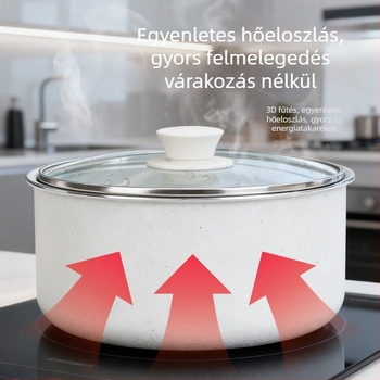 Tejfehér konyhai edénykészlet, fa fogantyúval, tapadásmentes edényekkel, fazekakkal és serpenyőkkel üvegfedőkkel