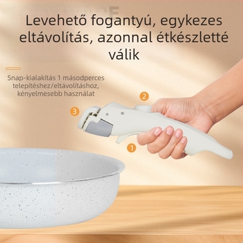 Tejfehér konyhai edénykészlet, fa fogantyúval, tapadásmentes edényekkel, fazekakkal és serpenyőkkel üvegfedőkkel
