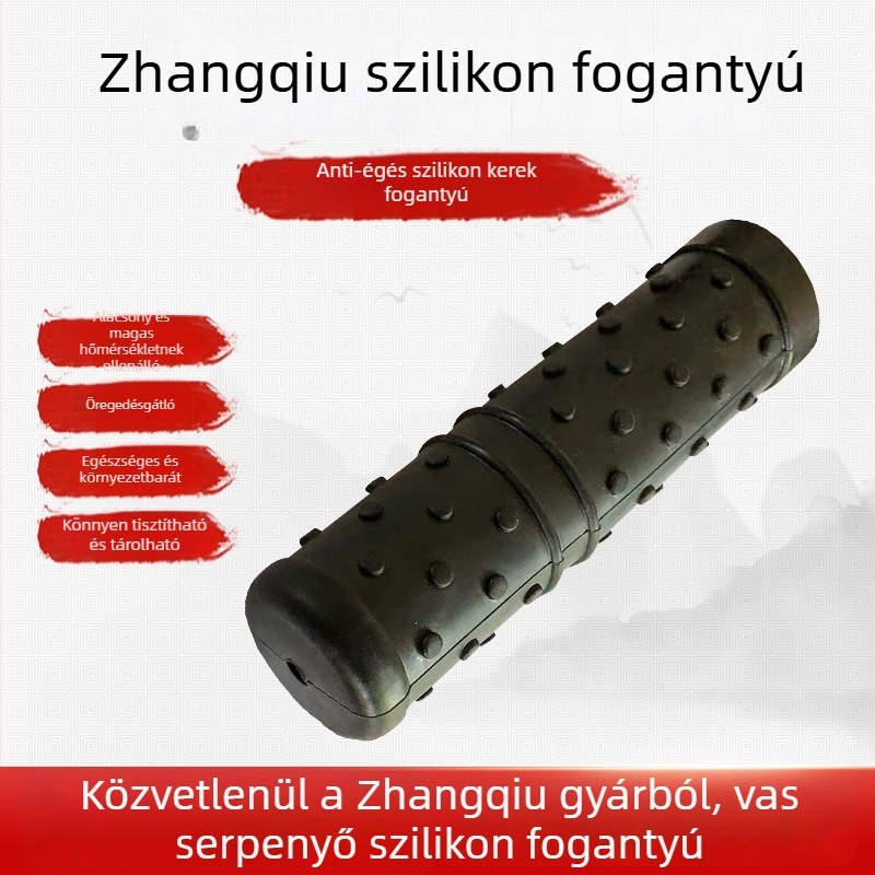 Szilikon égésvédő wok fogó vas edényekhez, fa fedővel, hőszigetelő, csúszásmentes, ajándékdobozban