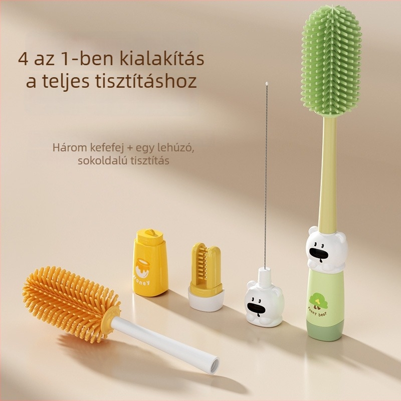 Hosszú nyelű négy az egyben pohártisztító ecset szigetelt poharakhoz, alkalmas cumisüvegek és szívószálak tisztítására