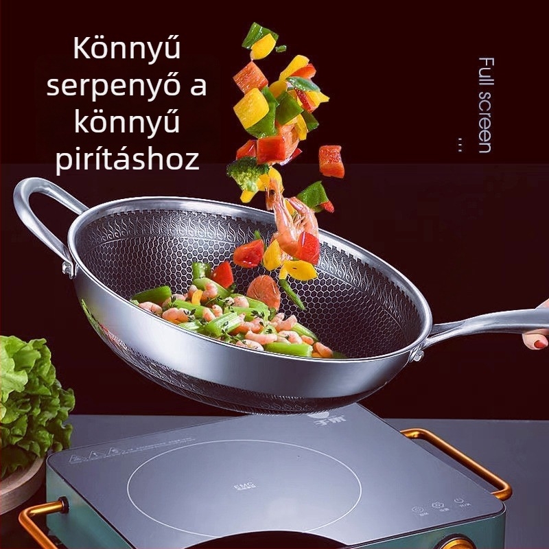 Nem tapadó wok háztartási használatra — kompatibil indukciós és gáztűzhellyel, sík aljú serpenyő