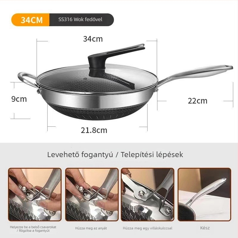 Nem tapadó wok háztartási használatra — kompatibil indukciós és gáztűzhellyel, sík aljú serpenyő