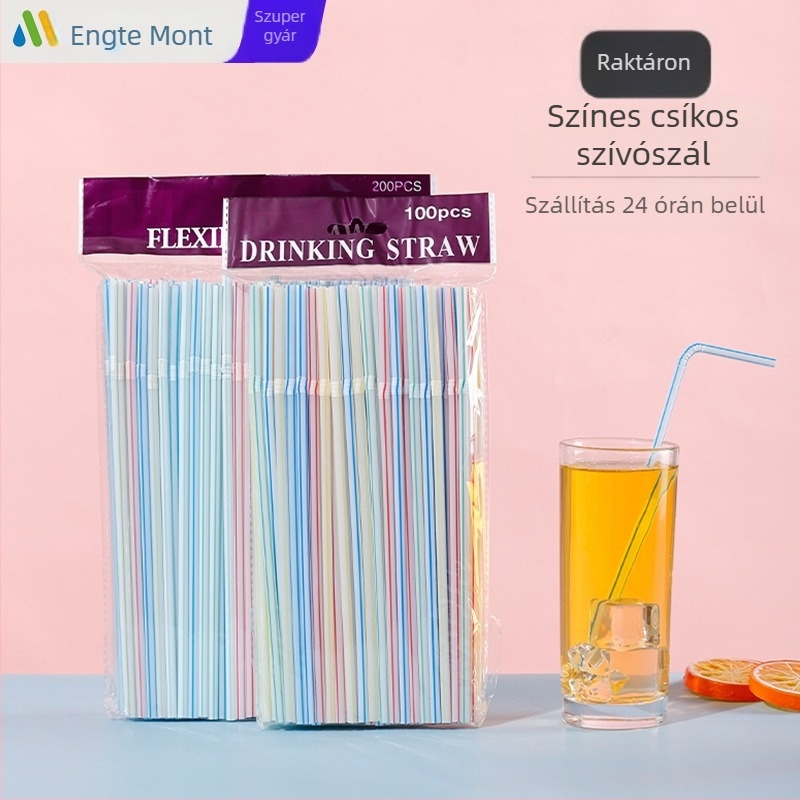 Egyszer használatos, klasszikus csíkos szívószálak, csomagolt, ívelt kivitel, élelmiszer-minőségű PP-ből, italokhoz, tejjel készült tea és szója tejhez