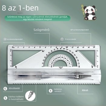 Diákkörző és vonalzó készlet, PET anyagból, 8 darabos, többfunkciós rajzeszköz készlet körzővel és vonalzóval
