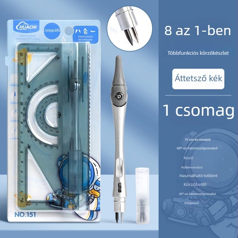 Diákkörző és vonalzó készlet, PET anyagból, 8 darabos, többfunkciós rajzeszköz készlet körzővel és vonalzóval