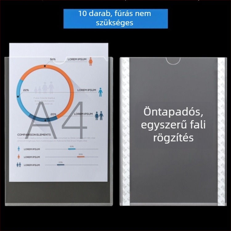 A4 falra szerelhető bemutató keret átlátszó kártyatartó zsebekkel és dokumentumok behelyezésére szolgáló rekesszel