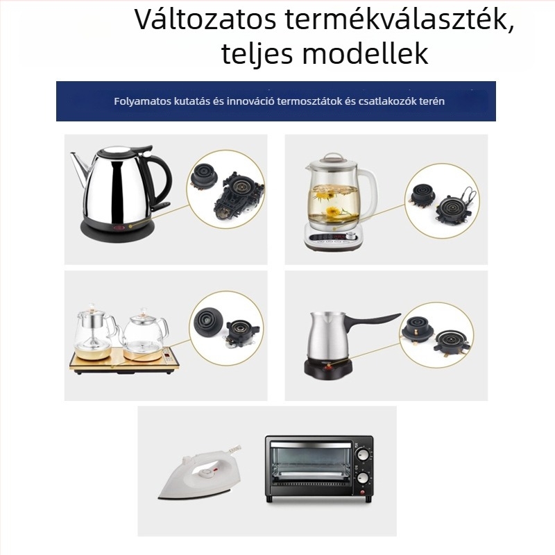 Elektromos vízfeltöltős teáskészlet-kiegészítők, felső és alsó alap, kis ötkaros csatlakozó, hőmérséklet-szabályozó kapcsoló.