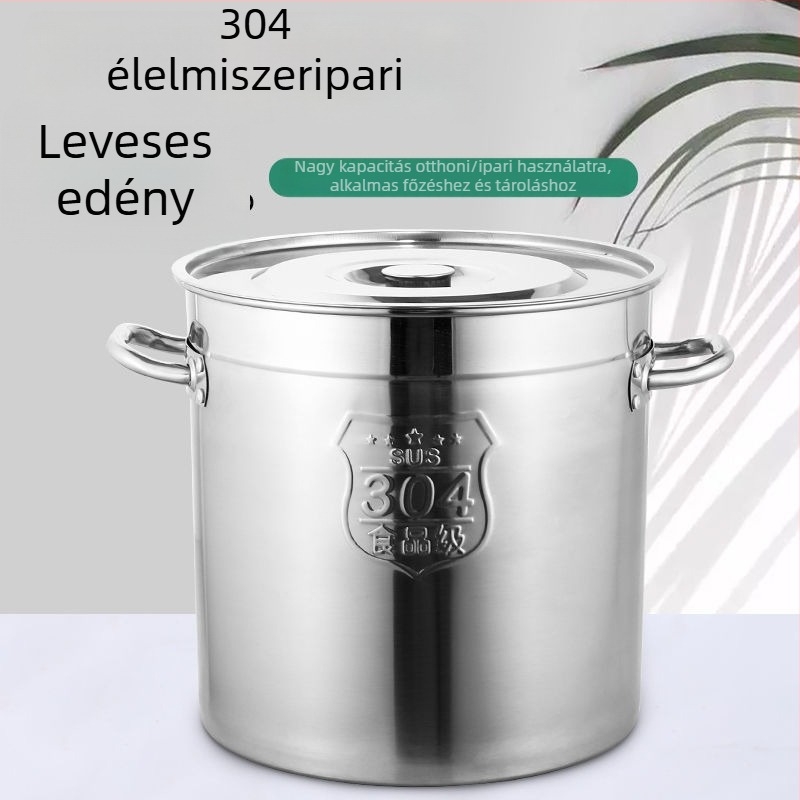 Vastagított 304 rozsdamentes acél leveses fazék fedővel, kör alakú, többfunkciós konyhai tárolóedény