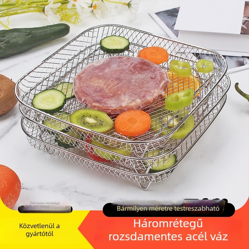 304 rozsdamentes acél légsütő kiegészítők – 3 szintes állvány kör- és négyzet alakú kerettel és szárító kosárral