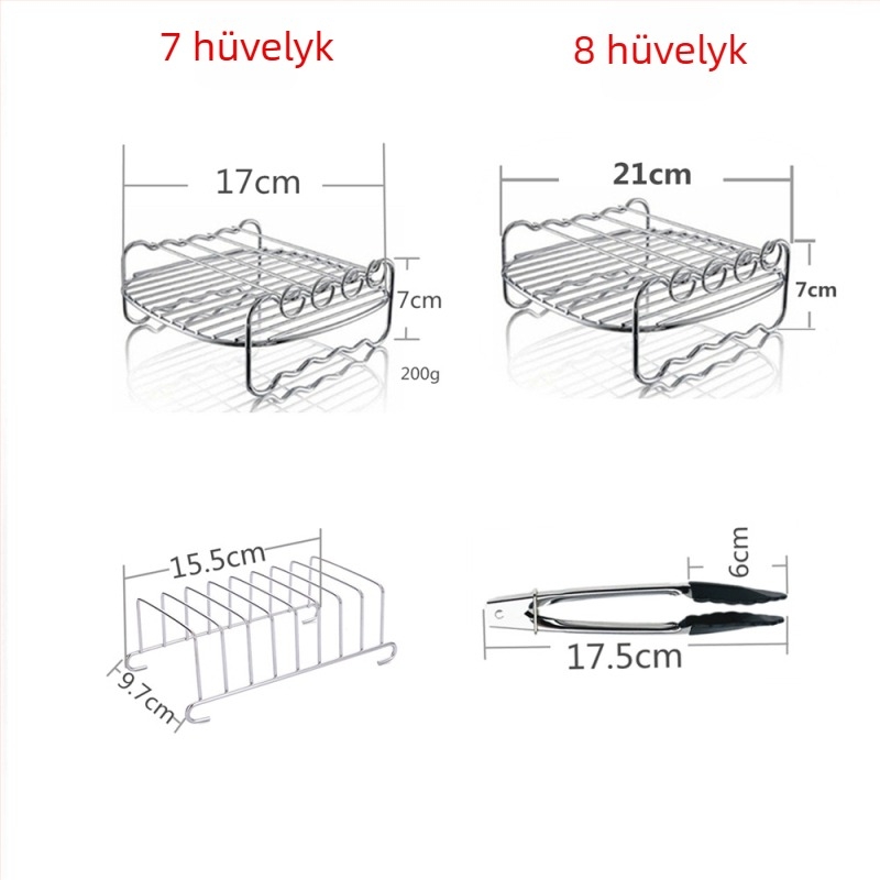 Légsütő kiegészítők, 7 részes készlet: sütőrács, torta kosár, kenyérállvány, 3.5–5.8 literhez