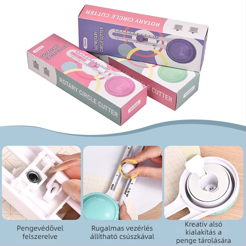 Forgó körkivágó – körvágó eszköz papírhoz, kompás kés, DIY vágóeszköz, A4 méretig, színek: zöld, rózsaszín, lila