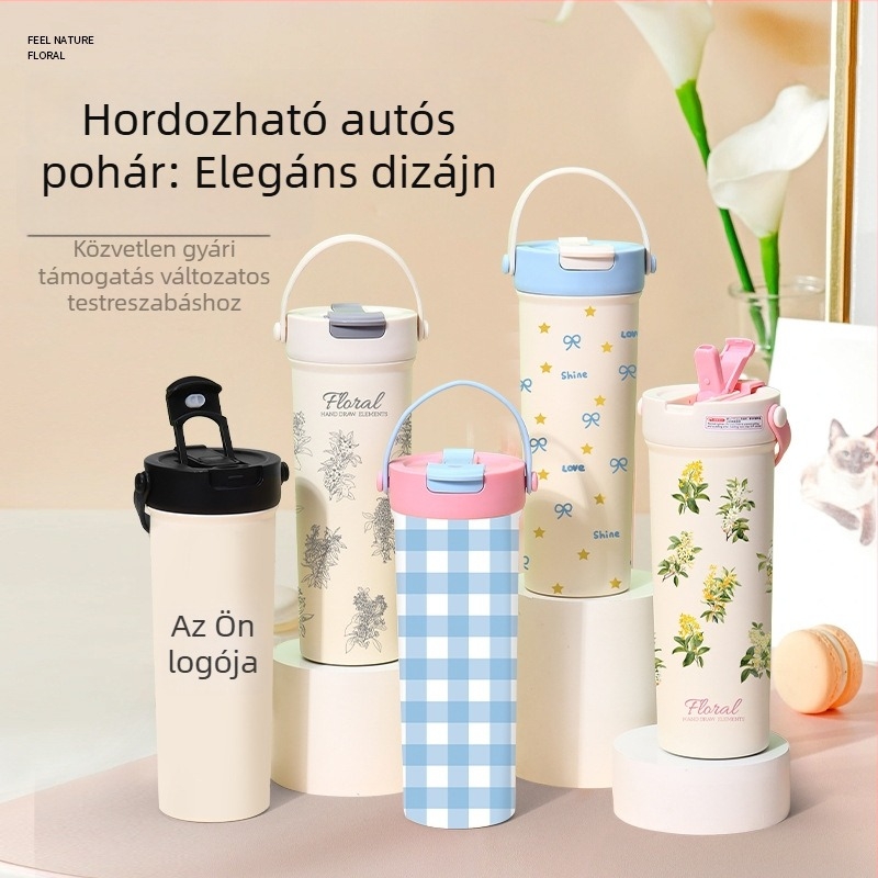316 rozsdamentes acél termoszos pohár fogantyúval, hordozható, nagy kapacitású, pop-up fedél, dupla szívószál, nagykereskedelem