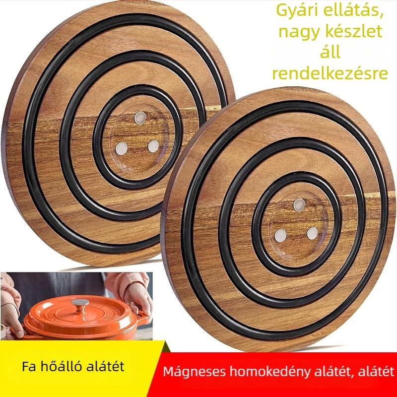 Tömörfából készült kör alakú fazék-alátét, égésvédő, csúszásmentes, mágneses vonzással, hőszigetelő alátét