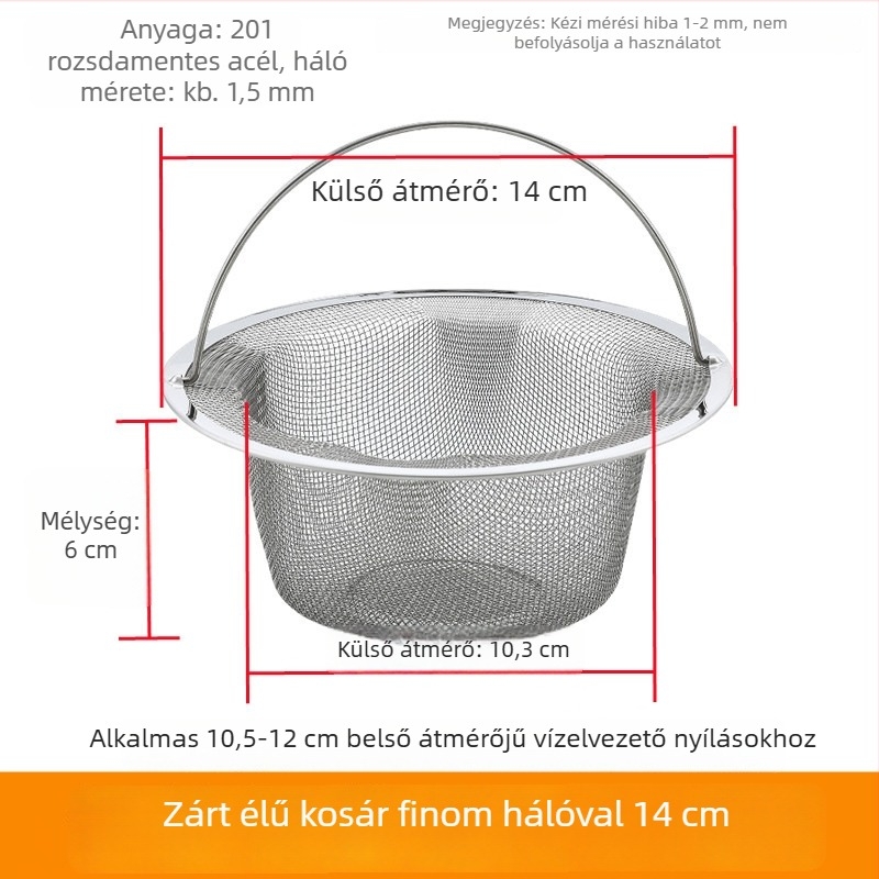 Rozsdamentes acélból készült 14 cm-es nagy mosogató szűrőkosár – lefolyó szűrő
