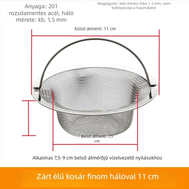 Rozsdamentes acélból készült 14 cm-es nagy mosogató szűrőkosár – lefolyó szűrő