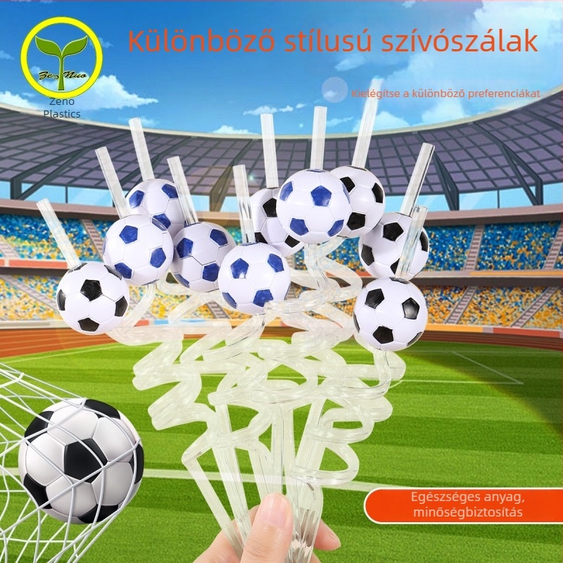 Gyerekeknek szóló szívószál, a futball világbajnokság trófeáját idéző PET-formában, karikatúra dizájn