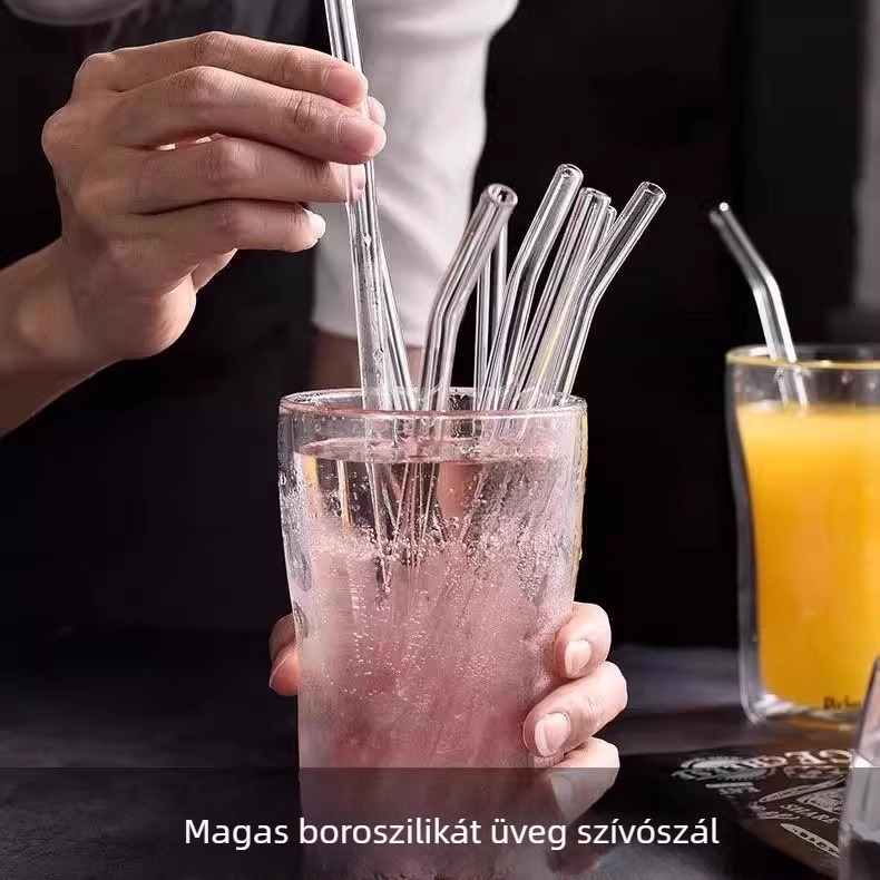 Üvegszívószálak, újrahasználhatóak, hőállóak, környezetbarátok, átlátszóak, hajlított, vastag tejes teához szívószálak, extrán hosszúak, terhes nők számára