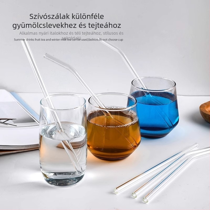 Üvegszívószálak, újrahasználhatóak, hőállóak, környezetbarátok, átlátszóak, hajlított, vastag tejes teához szívószálak, extrán hosszúak, terhes nők számára